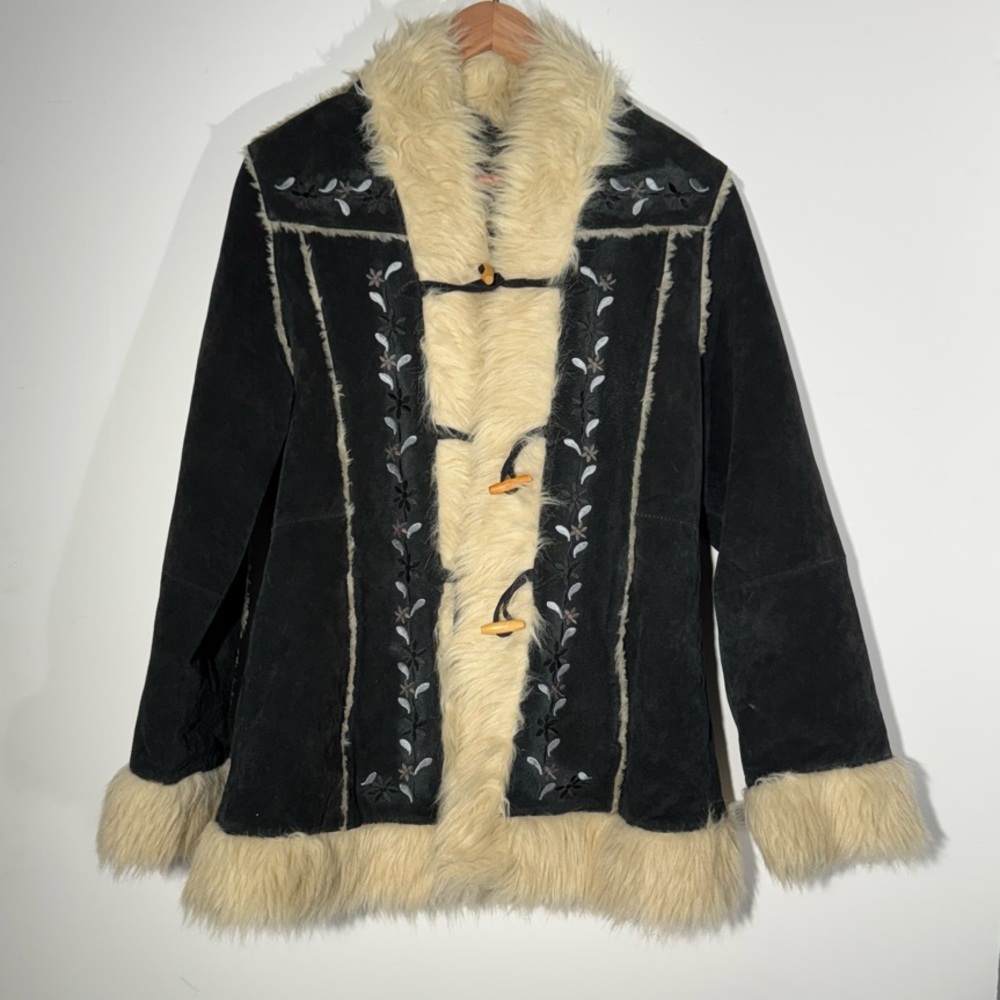 Vintage Navy and Cream Teddy Jacket with Faux Fur Trim